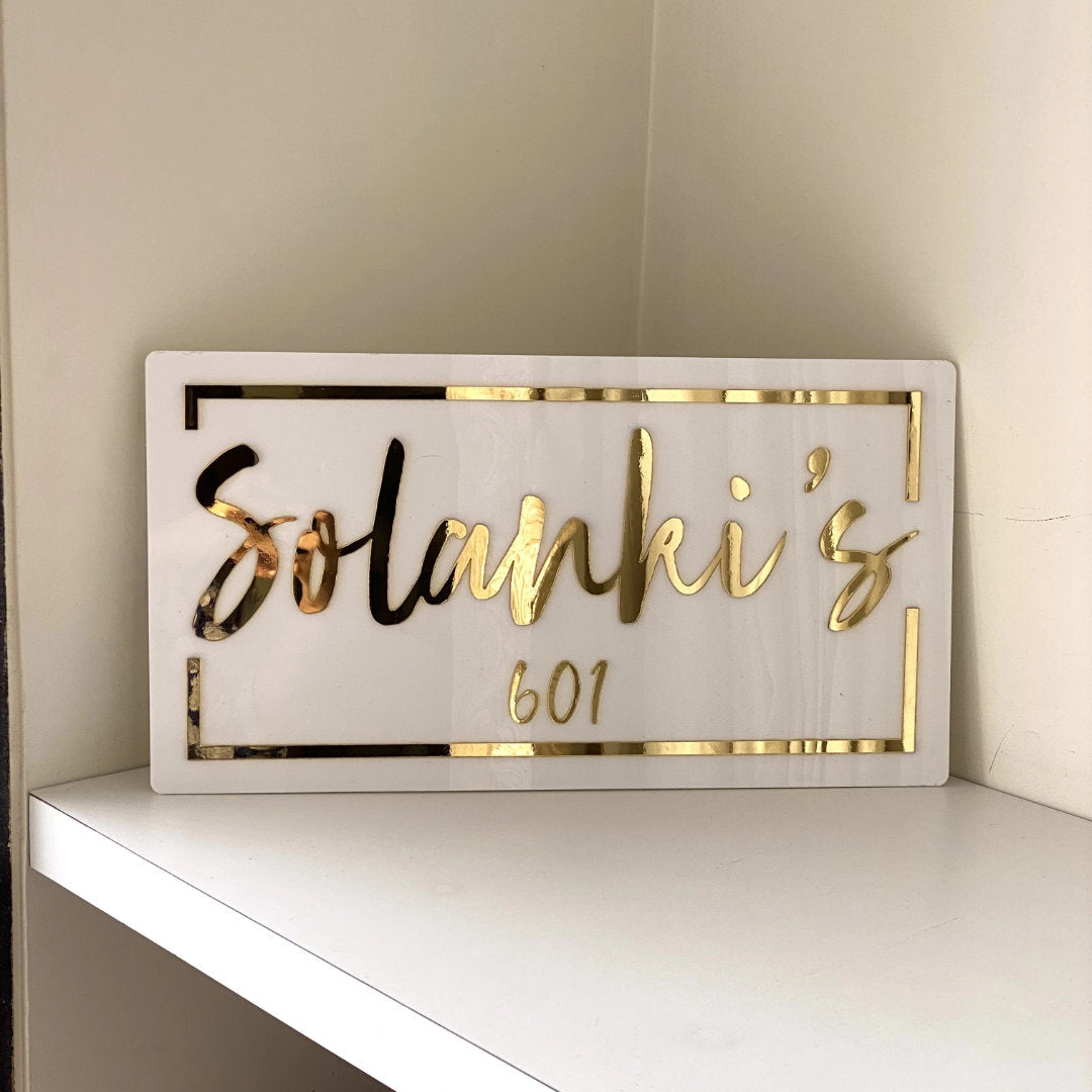 HappyEveryday Classic White & Golden Acrylic Nameplate (Rectangle)