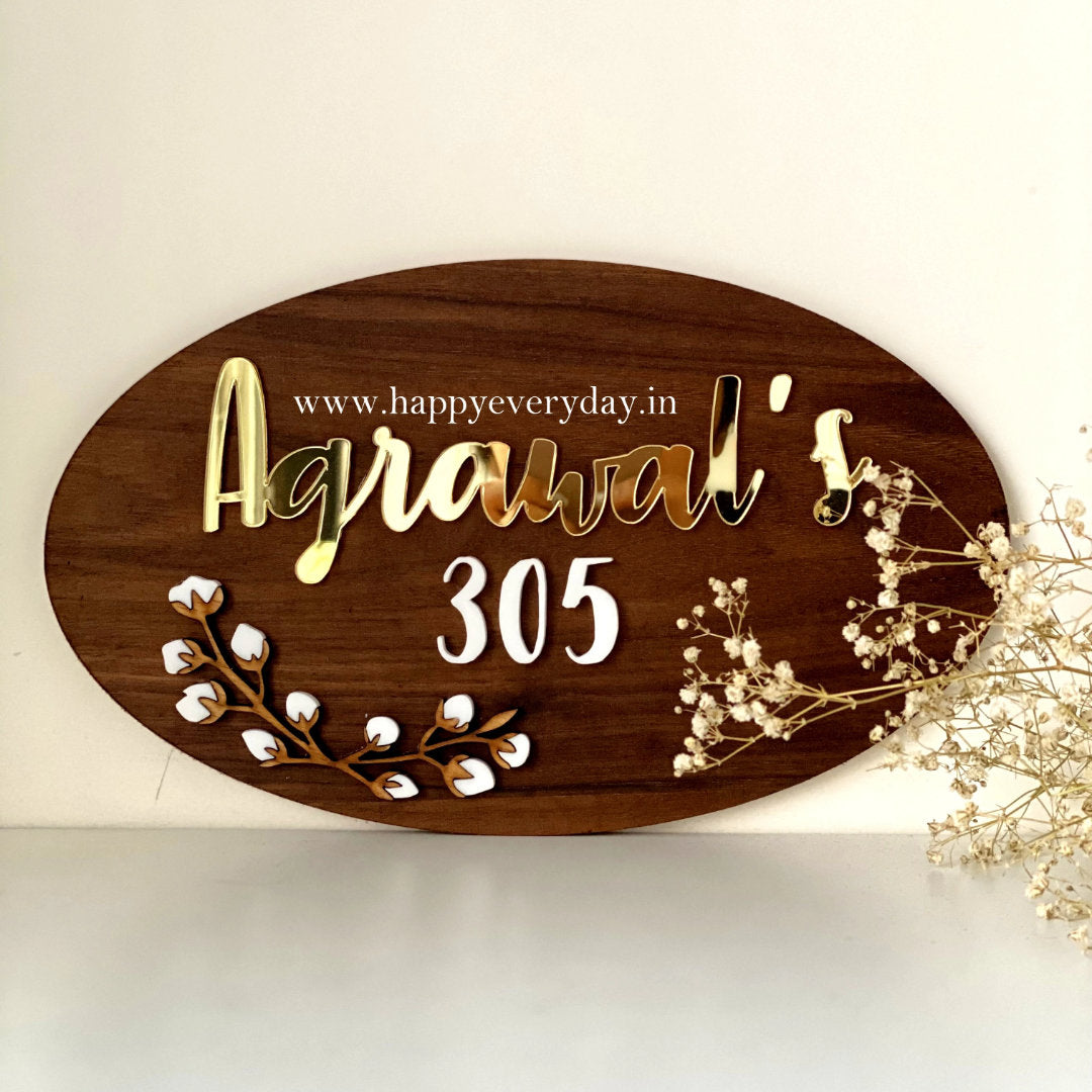 HappyEveryday Cotton Flower Wooden Nameplate (Oval)