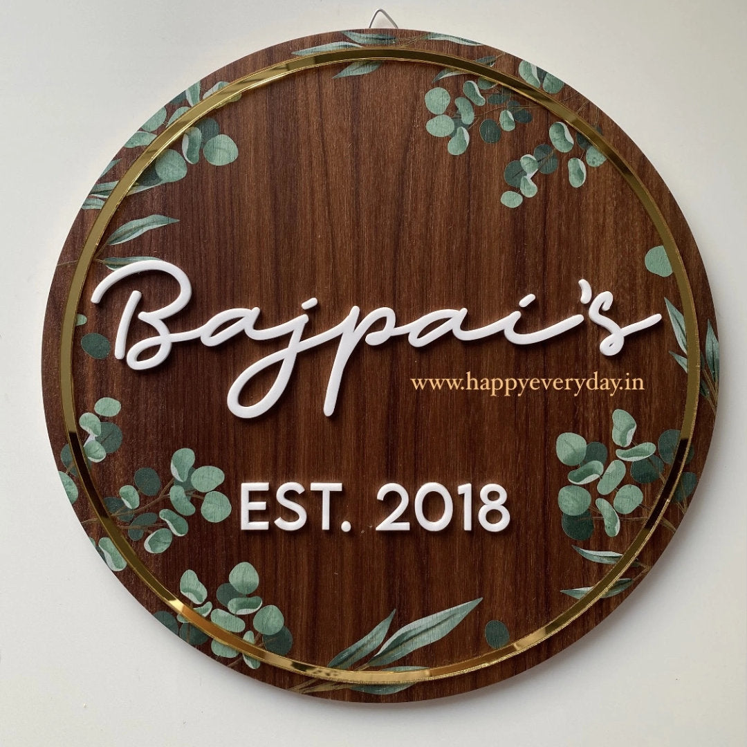 HappyEveryday Floral Walnut & Golden Wooden Nameplate (Circle)