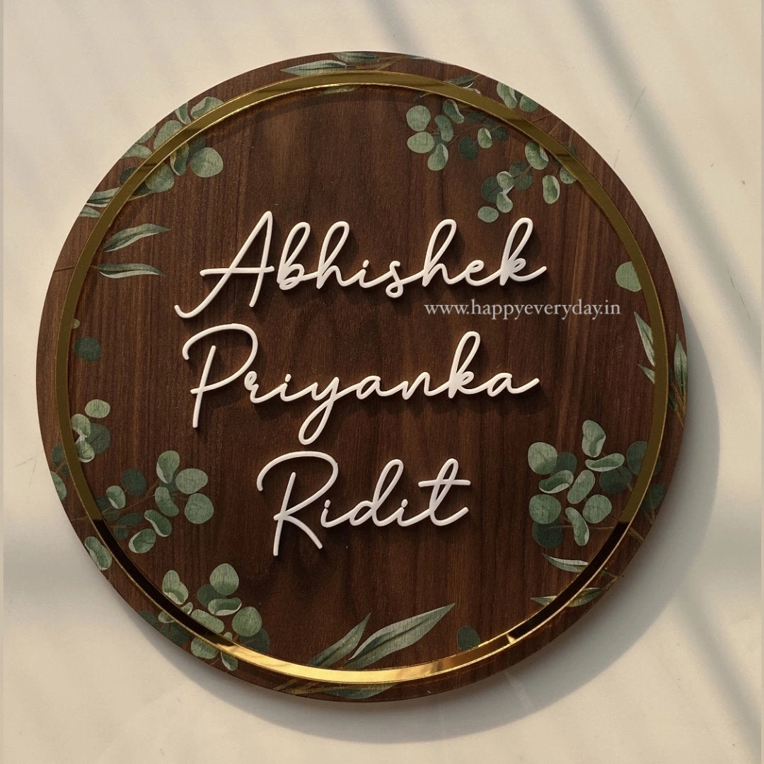 HappyEveryday Floral Walnut & Golden Wooden Nameplate (Circle)