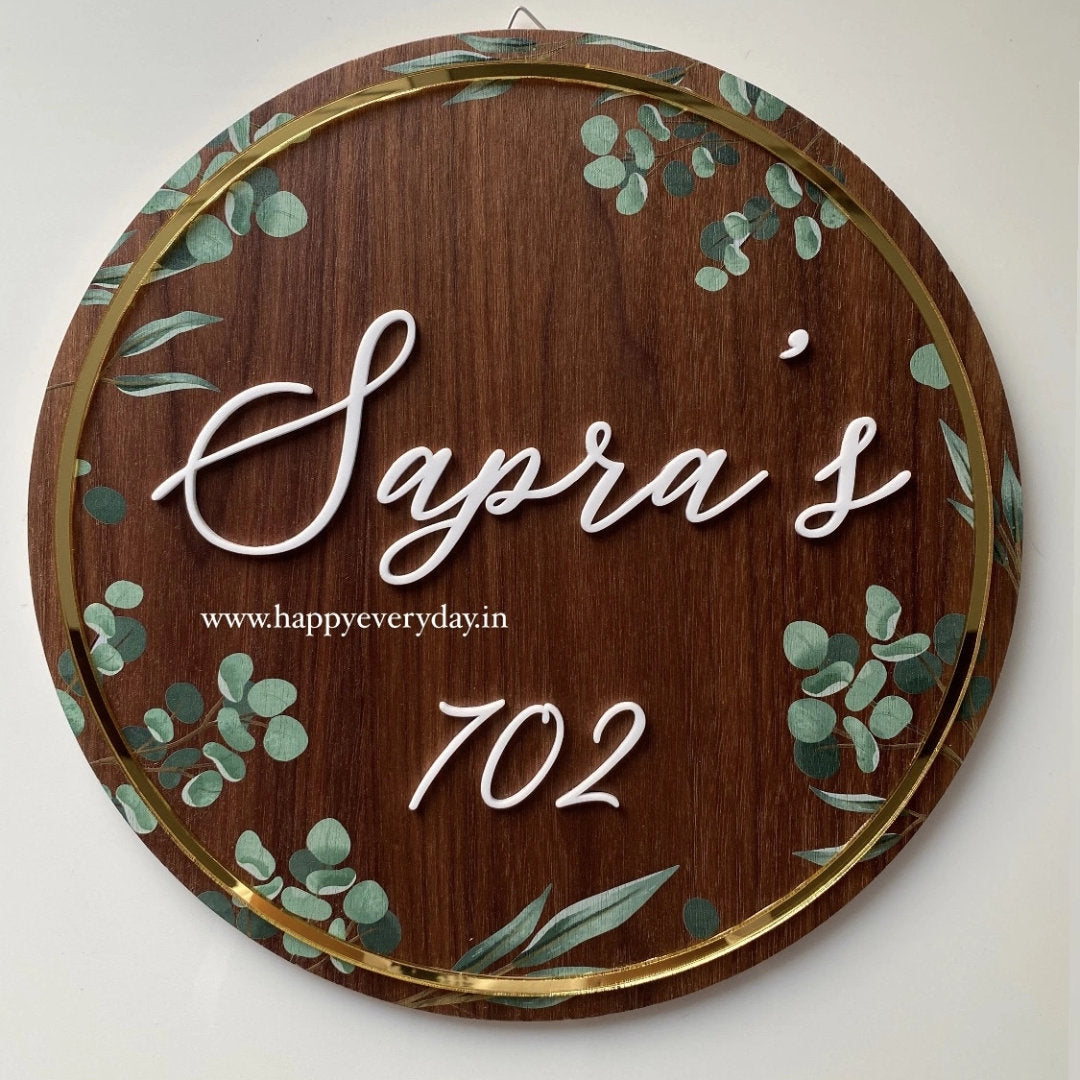 HappyEveryday Floral Walnut & Golden Wooden Nameplate (Circle)