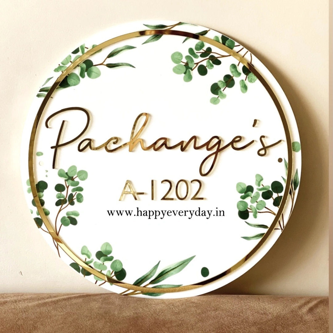 HappyEveryday Floral White & Golden Acrylic Nameplate (Circle)