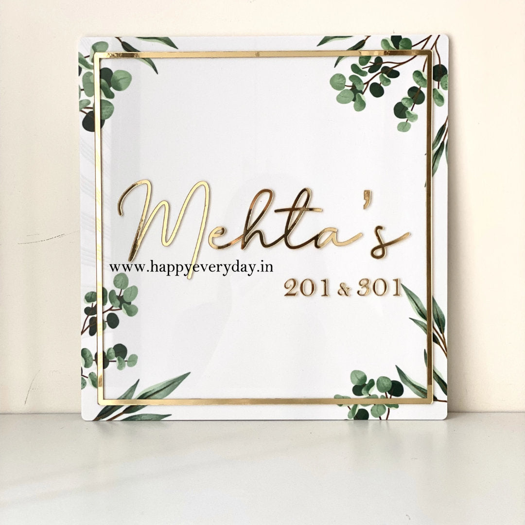 HappyEveryday Floral White & Golden Acrylic Nameplate (Square)