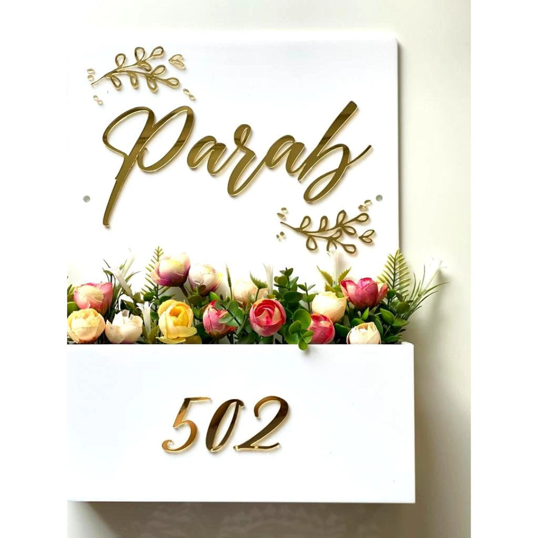 HappyEveryday White Floral Planter Acrylic Nameplate (Rectangle)