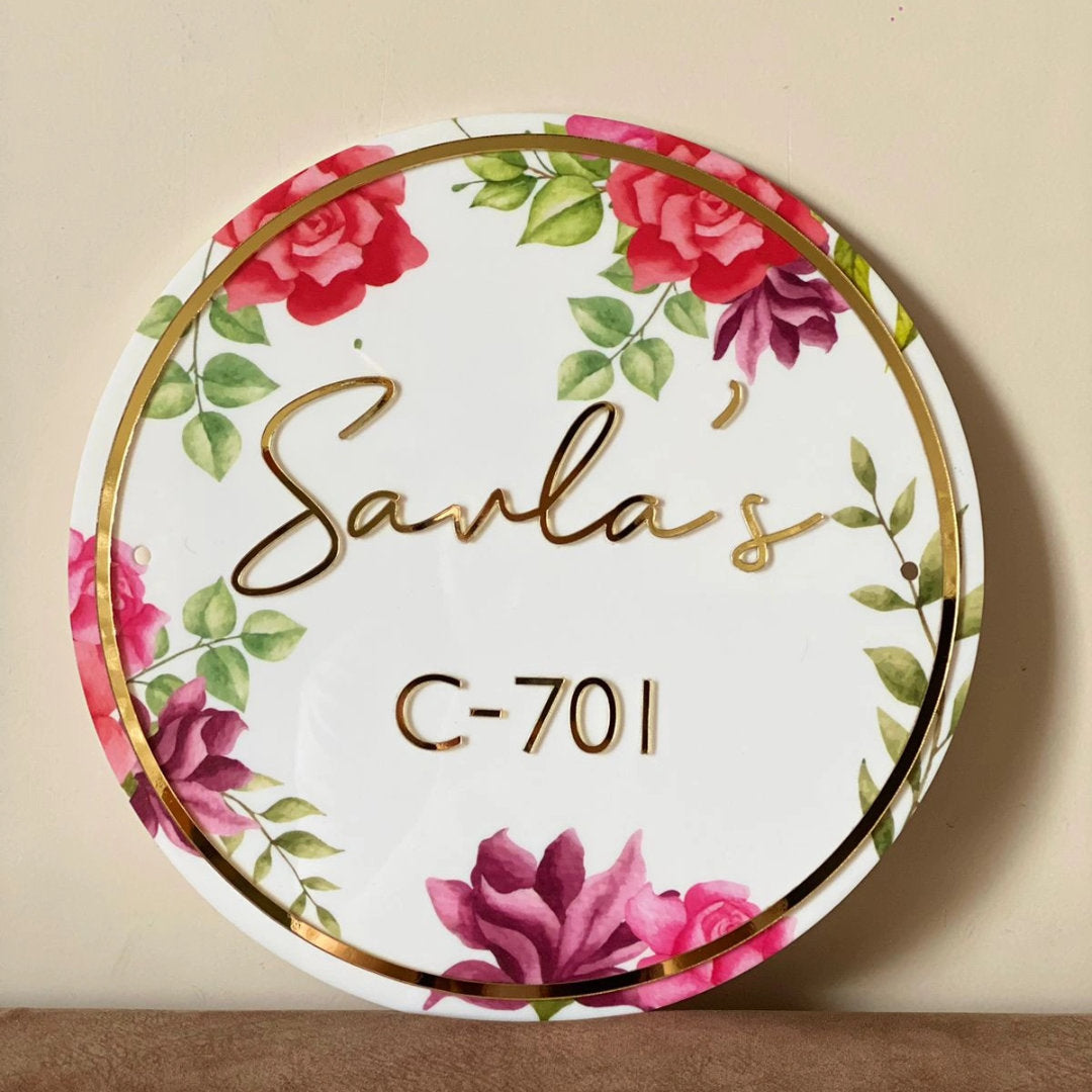 HappyEveryday Red & Pink Floral Acrylic Nameplate (Circle)