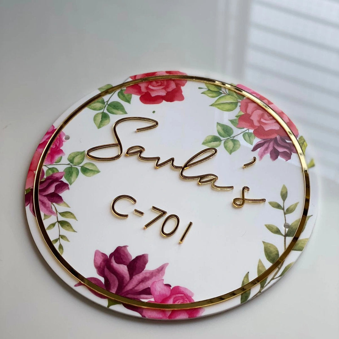 HappyEveryday Red & Pink Floral Acrylic Nameplate (Circle)