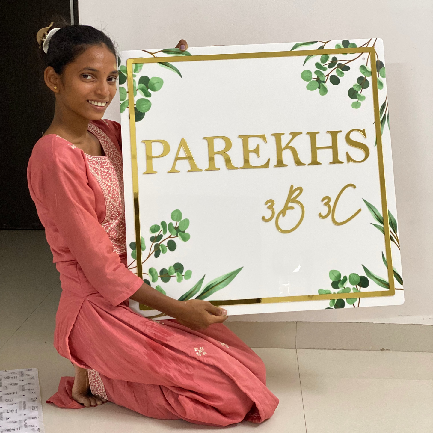 HappyEveryday Floral White & Golden Acrylic Nameplate (Square)