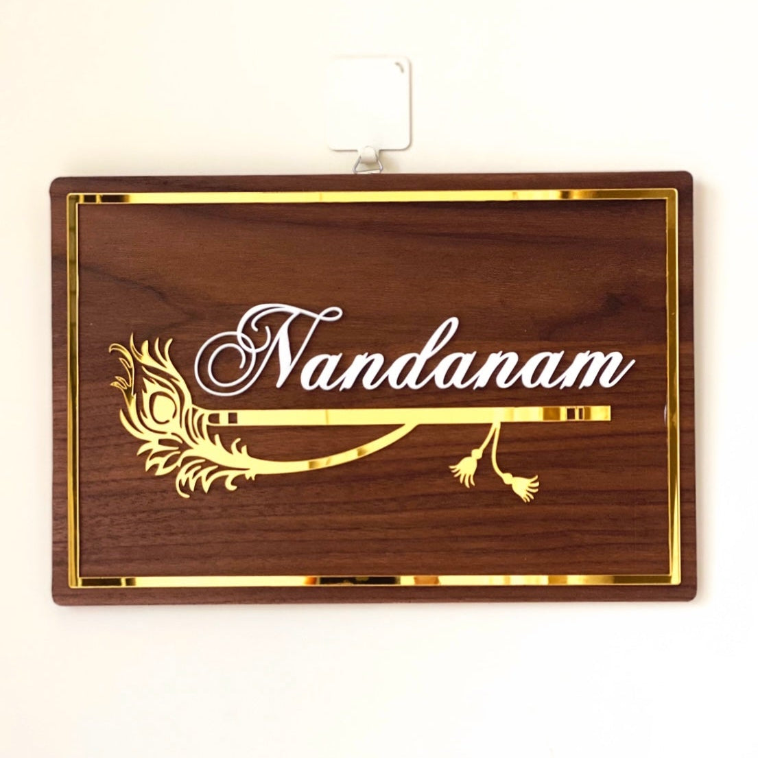 HappyEveryday Peacock Feather with Flute Wooden Nameplate (Rectangle)