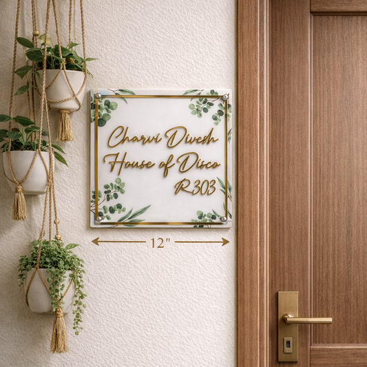 HappyEveryday Floral White & Golden Acrylic Nameplate (Square)