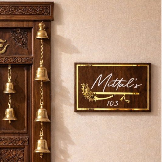 HappyEveryday Peacock Feather with Flute Wooden Nameplate (Rectangle)