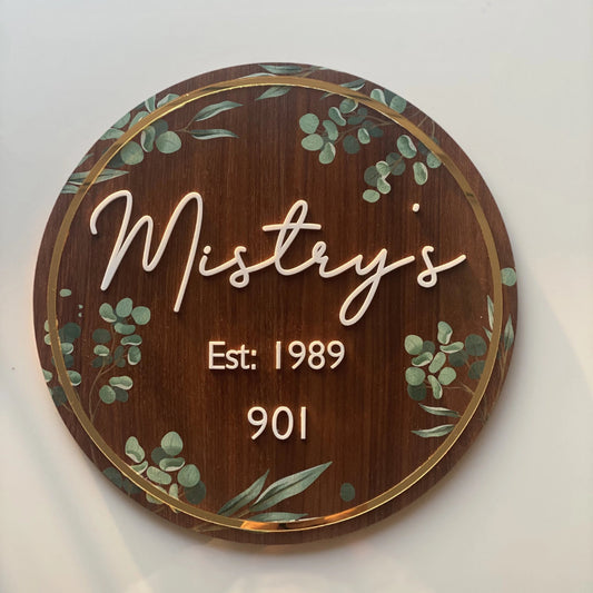 HappyEveryday Floral Walnut & Golden Wooden Nameplate (Circle)