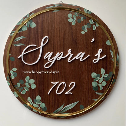 HappyEveryday Floral Walnut & Golden Wooden Nameplate (Circle)