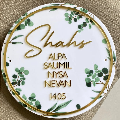 HappyEveryday Floral White & Golden Acrylic Nameplate (Circle)