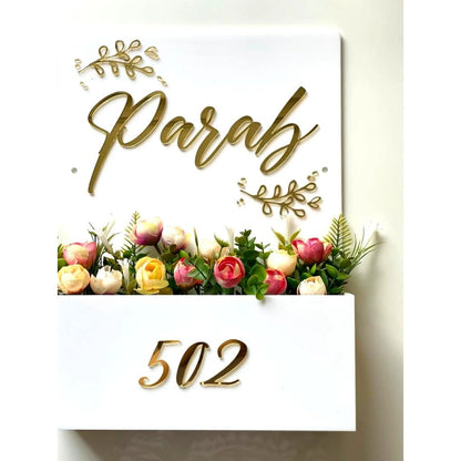 HappyEveryday White Floral Planter Acrylic Nameplate (Rectangle)