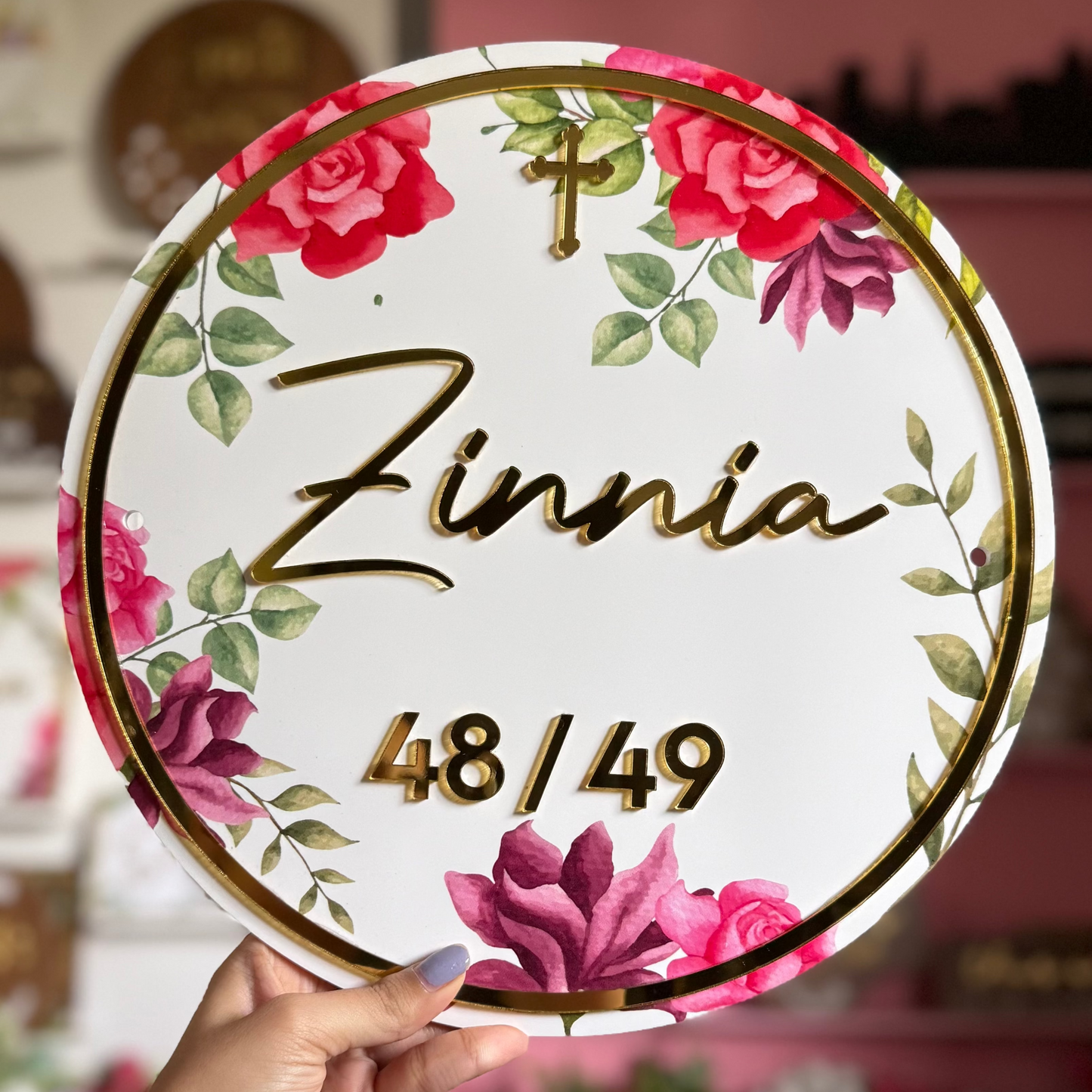 HappyEveryday Red & Pink Floral Acrylic Nameplate (Circle)