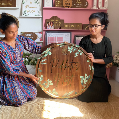 HappyEveryday Floral Walnut & Golden Wooden Nameplate (Circle)