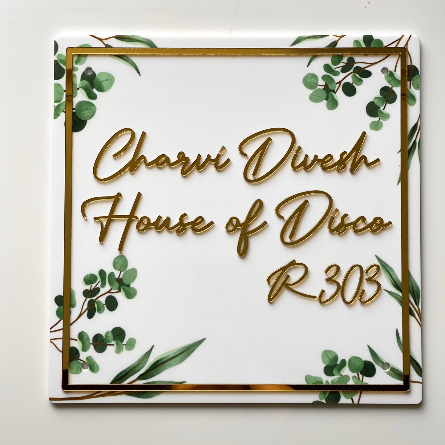 HappyEveryday Floral White & Golden Acrylic Nameplate (Square)