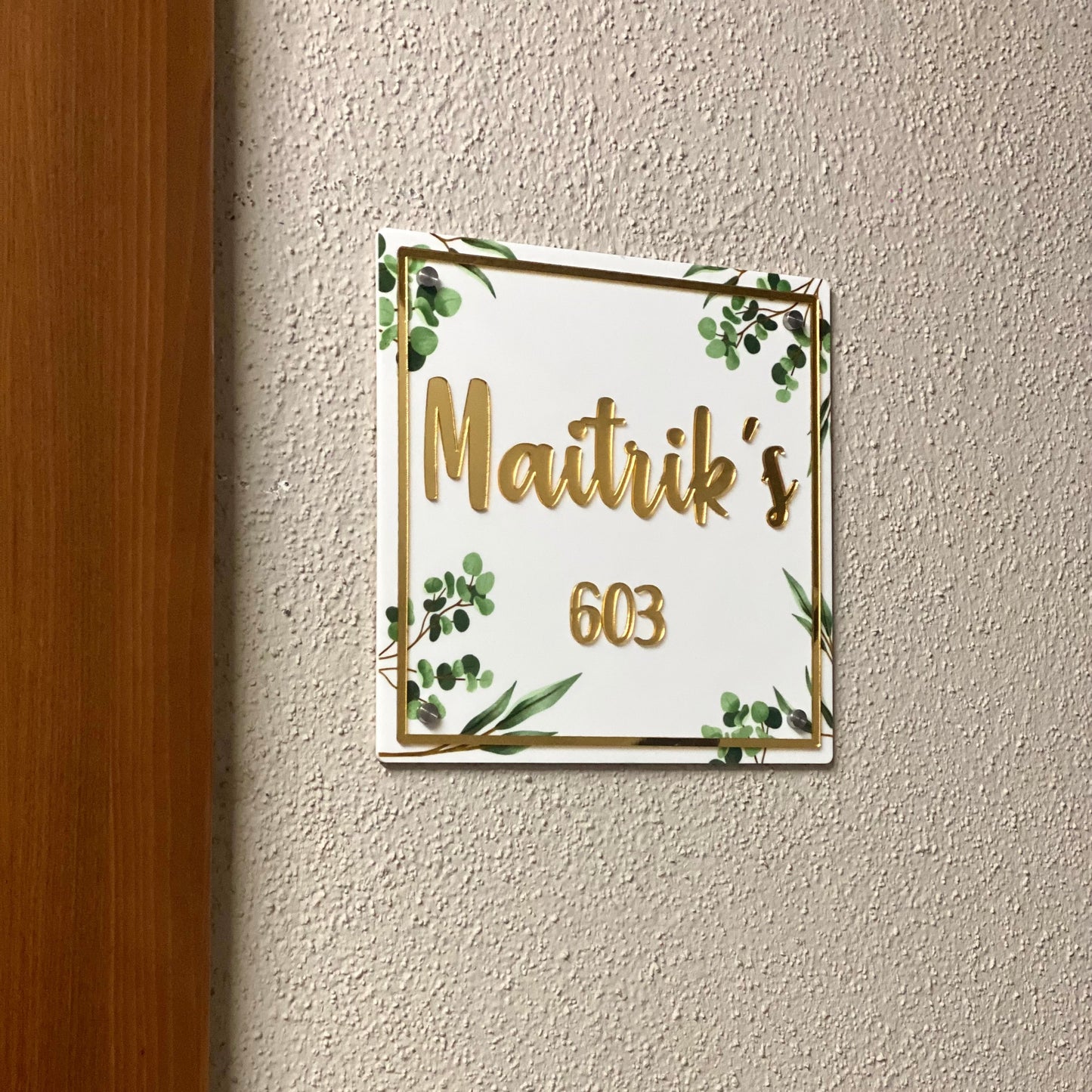 HappyEveryday Floral White & Golden Acrylic Nameplate (Square)