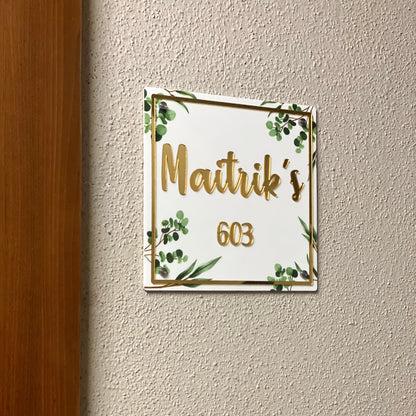 HappyEveryday Floral White & Golden Acrylic Nameplate (Square)