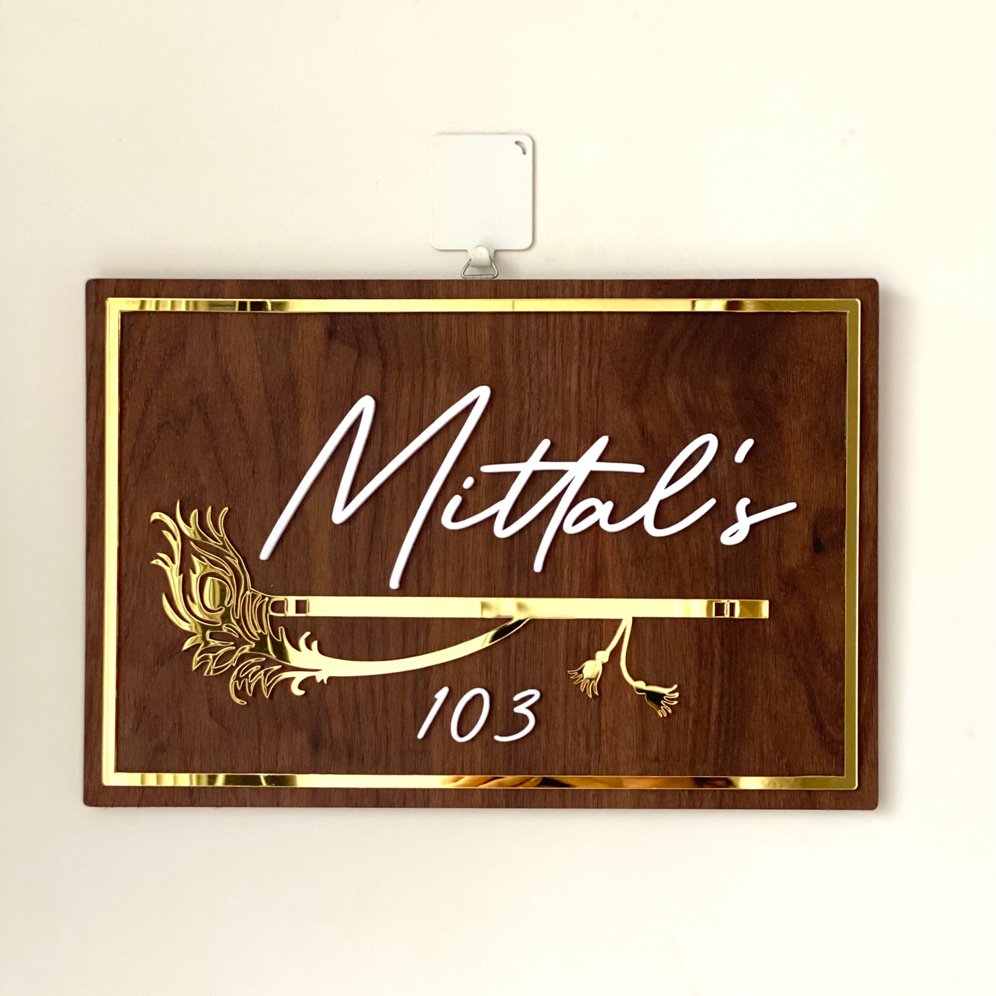 HappyEveryday Peacock Feather with Flute Wooden Nameplate (Rectangle)