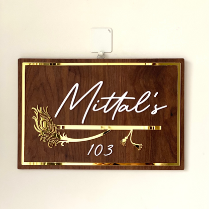 HappyEveryday Peacock Feather with Flute Wooden Nameplate (Rectangle)