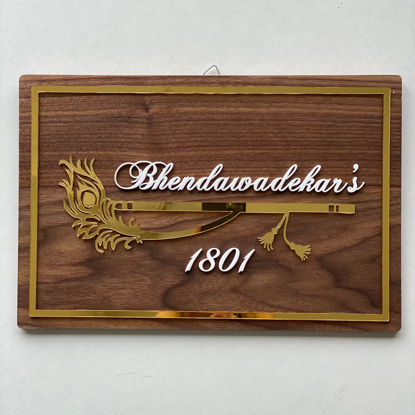 HappyEveryday Peacock Feather with Flute Wooden Nameplate (Rectangle)