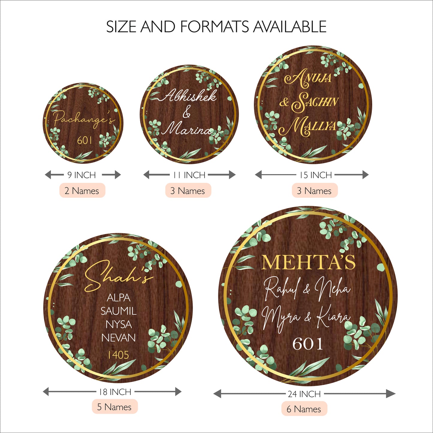 HappyEveryday Floral Walnut & Golden Wooden Nameplate (Circle)